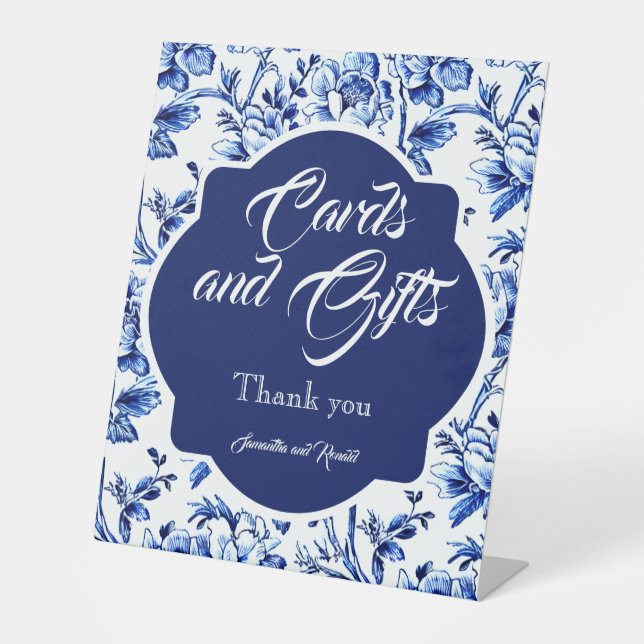 Blue Floral Toile Wedding Cards and Gifts Tabletop Pedestal Sign (Front)