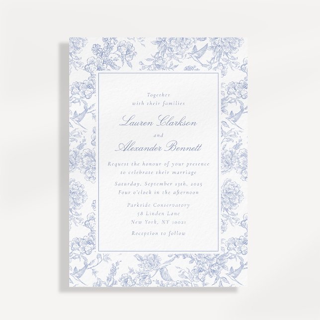 Blue Floral Toile Wedding Invitation (Creator Uploaded)