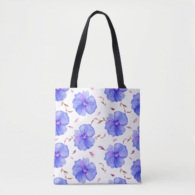 Blue Floral Tote Bag – Watercolor Flower Pattern  (Front)