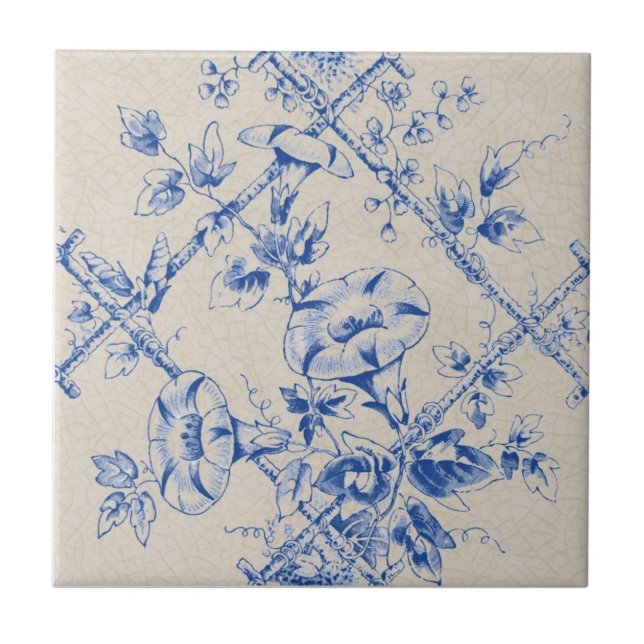 Blue Floral Trellis Victorian Reproduction Tile (Front)