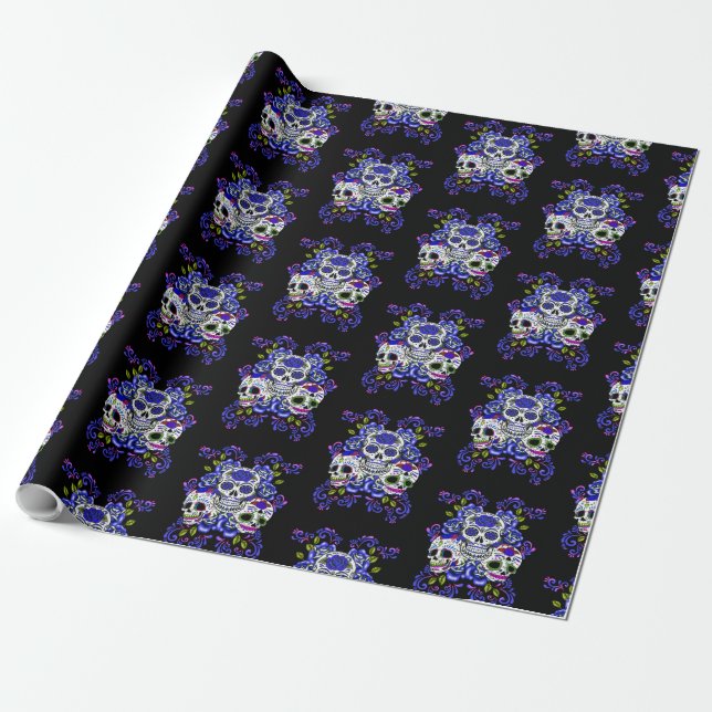 Blue Floral Triple Day Of The Dead Sugar Skulls Wrapping Paper (Unrolled)