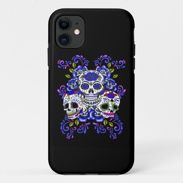Blue Floral Triple Sugar Skull Day Of The Dead Case-Mate iPhone Case (Back)