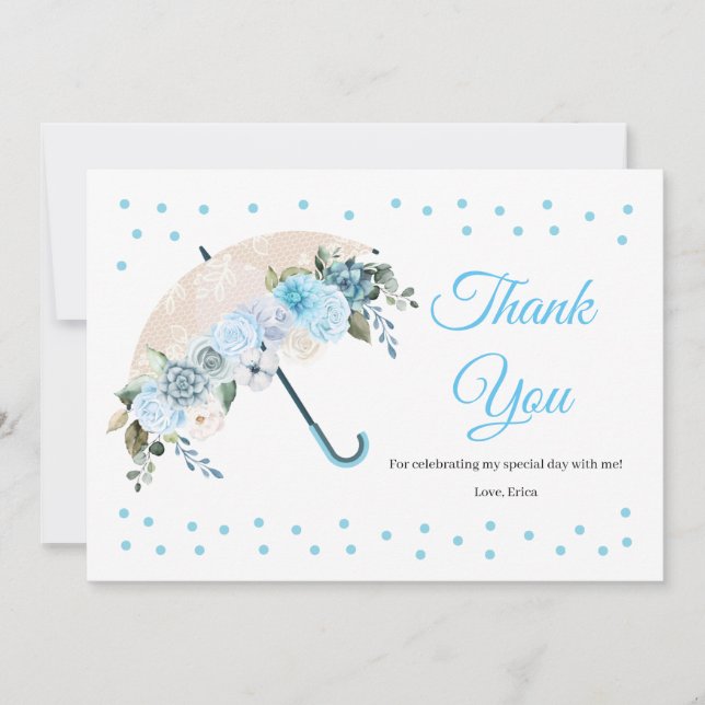 Blue Floral Umbrella Baby Shower Thank You Card (Front)
