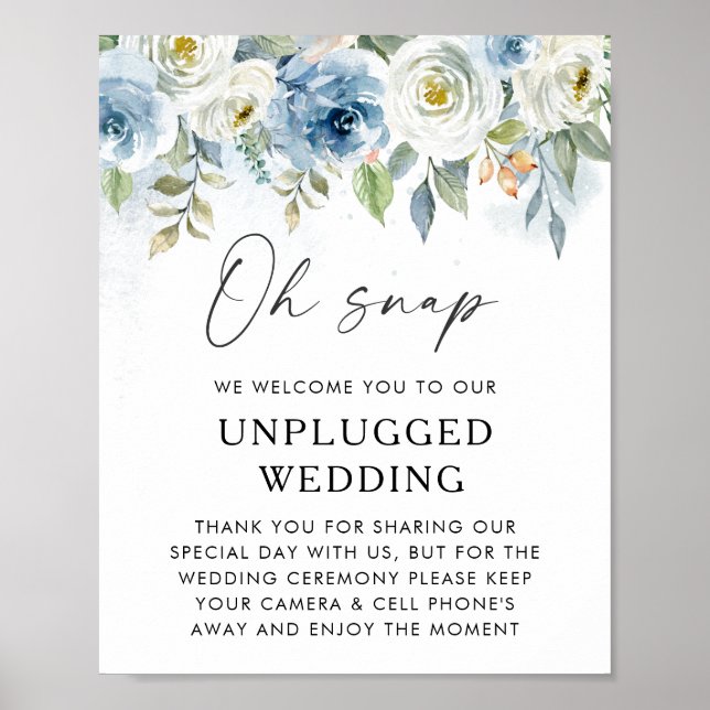 Blue Floral Unplugged Wedding Welcome Sign (Front)