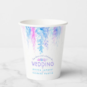 Blue floral vine flowers watercolor wedding paper cups