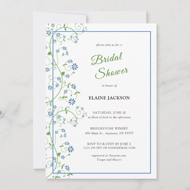 Blue Floral Vine Invitation Flat Card (Front)
