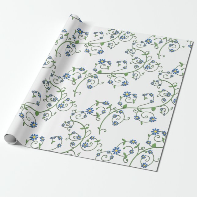 Blue floral Vine Wrapping Paper (Unrolled)