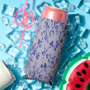 Blue floral vines grey seltzer can cooler