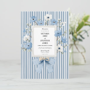 Blue Floral Vintage Stripe Wedding Invitation