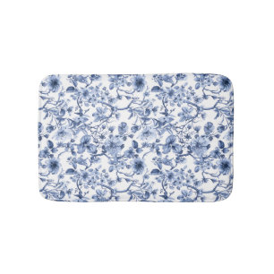 Blue Floral Vintage Toile Pattern Bath Mat