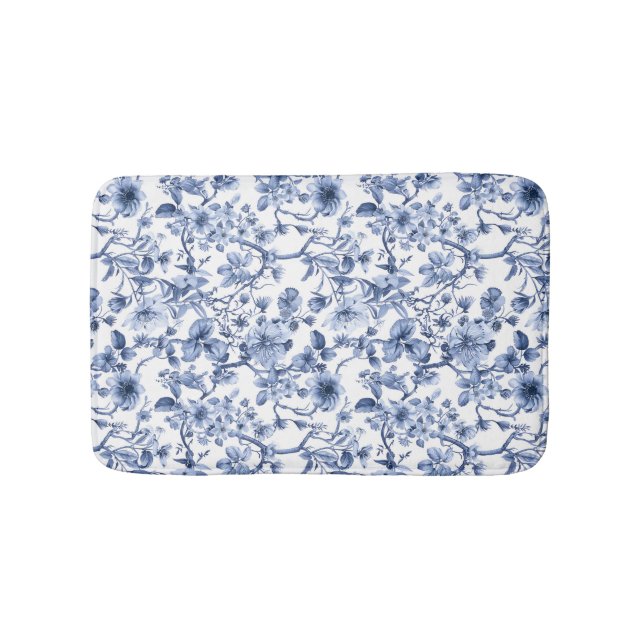 Blue Floral Vintage Toile Pattern  Bath Mat (Front)