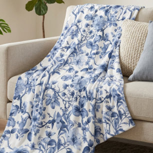Blue Floral Vintage Toile Pattern Fleece Blanket