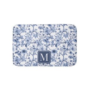 Blue Floral Vintage Toile Pattern Monogram Bath Mat
