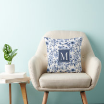 Blue Floral Vintage Toile Pattern Monogram