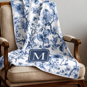 Blue Floral Vintage Toile Pattern Monogram Fleece Blanket