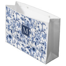 Blue Floral Vintage Toile Pattern Monogram