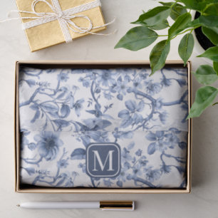 Blue Floral Vintage Toile Pattern Monogram Tissue Paper