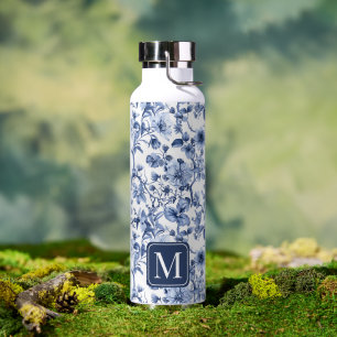 Blue Floral Vintage Toile Pattern Monogram Water Bottle