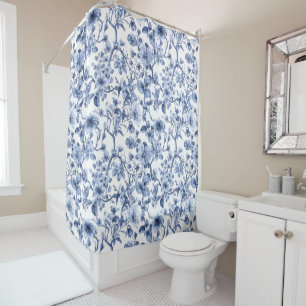 Blue Floral Vintage Toile Pattern Shower Curtain