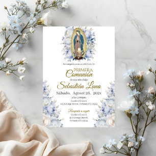 Blue Floral Virgin of Guadalupe First Communion Invitation