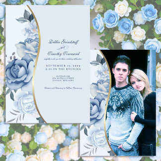 Blue Floral w/Custom Photo Wedding Invitation
