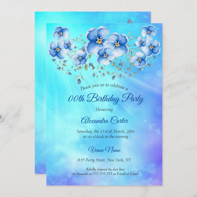 Blue  Floral Watercolor Birthday Party Invitation (Front/Back)
