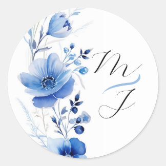 Blue Floral Watercolor Botanical Classic Round Sticker