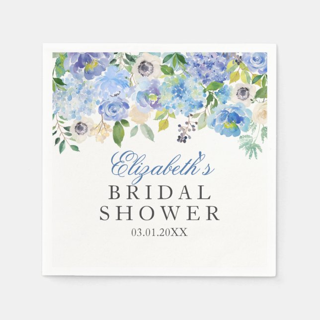 Blue Floral Watercolor Bridal Shower Napkins (Front)