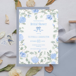 Blue Floral Watercolor Bridal Shower Wedding Invitation