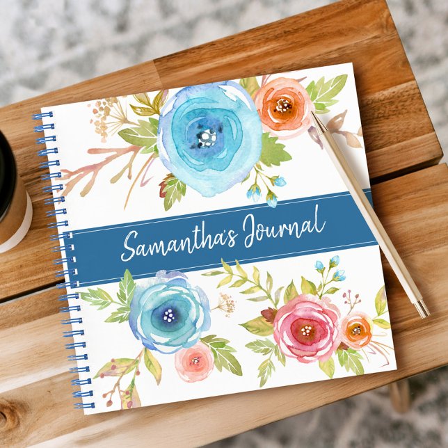 Blue floral watercolor custom script name square notebook (Creator Uploaded)