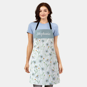 Blue Floral Watercolor Daisy Custom Name Apron