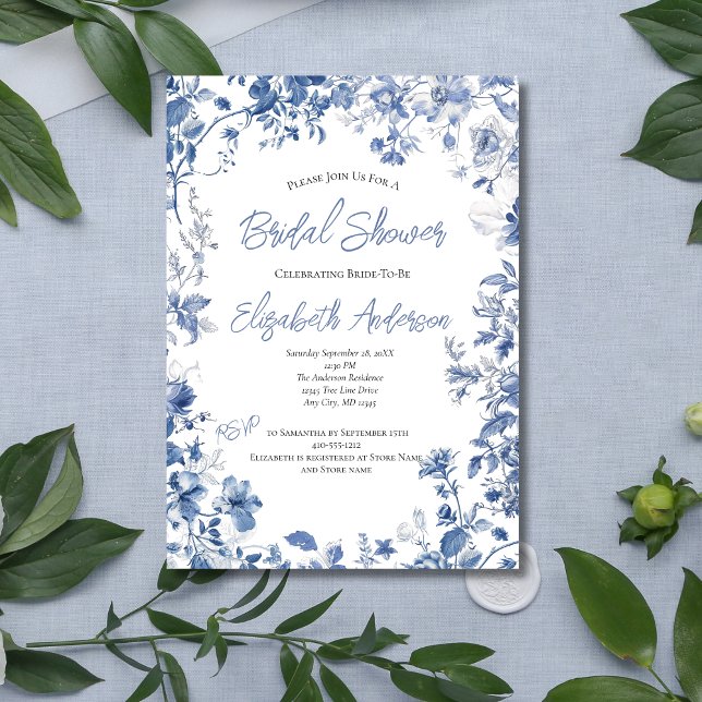 Blue Floral Watercolor Elegant Bridal Shower Invitation (Blue Floral Watercolor Border Bridal Shower Invitation. Printed or Instant Digital Download)