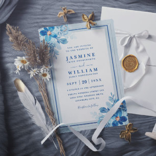 Blue Floral Watercolor Elegant QR Code Wedding Invitation