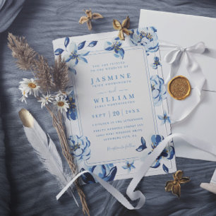 Blue Floral Watercolor Elegant QR Code Wedding Invitation