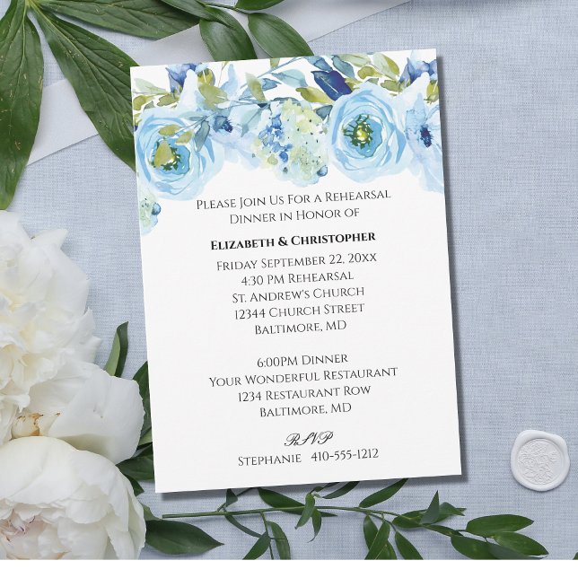 Blue Floral Watercolor Elegant Wedding Rehearsal  Invitation (Creator Uploaded)