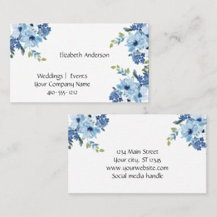 Blue Floral Watercolor Feminine Small Business  Card