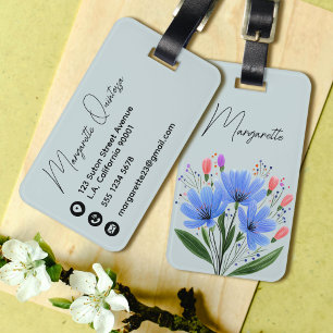 Blue Floral Watercolor Flowers Girly Script Name Luggage Tag