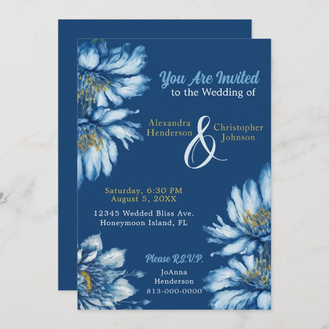 Blue Floral Watercolor Flowers Personalizable Invitation (Front/Back)