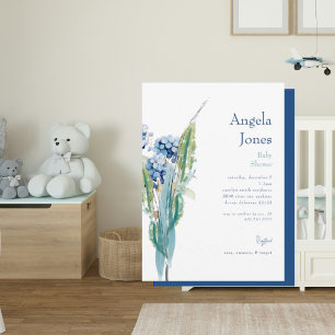 Blue Floral Watercolor Foliage Baby Shower II Invitation