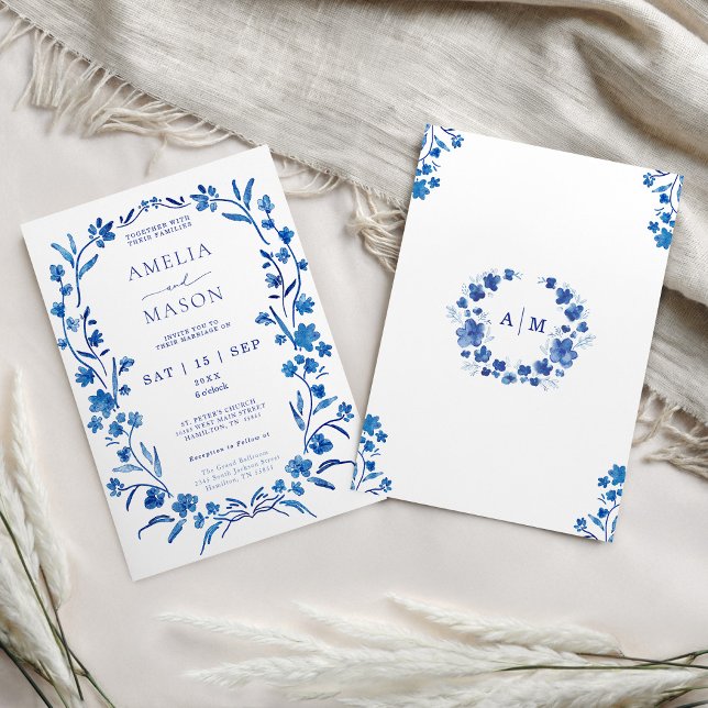 Blue Floral Watercolor Frame Wedding Invitation (Front and back of blue watercolor floral frame wedding invitation)