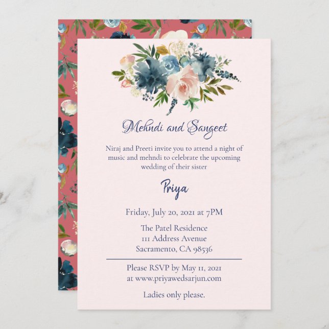 Blue Floral Watercolor Mehndi Sangeet Garba Invite (Front/Back)