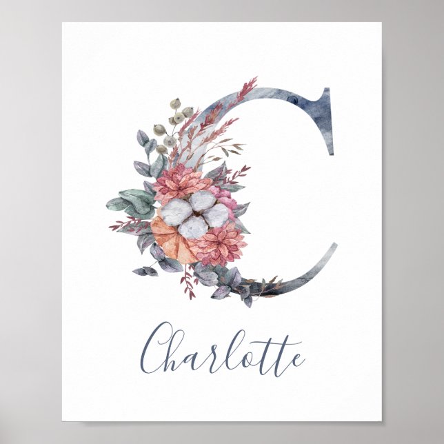 Blue Floral Watercolor Monogram C Last Name Poster (Front)