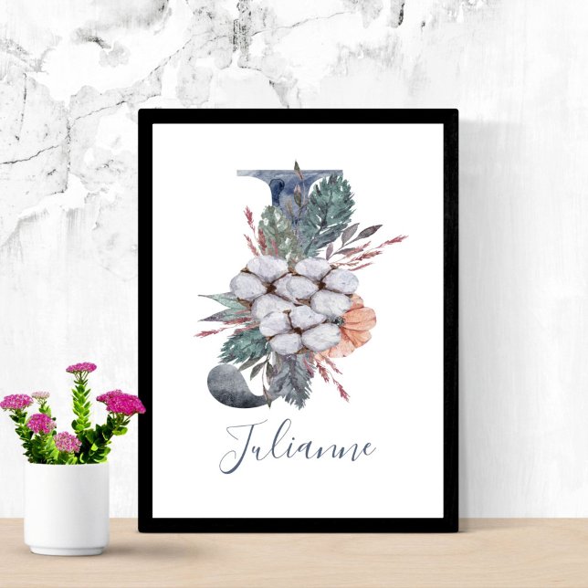 Blue Floral Watercolor Monogram J Name   Poster (Blue White Peach Watercolor Floral Monogram J Personalized Name Wall Art)