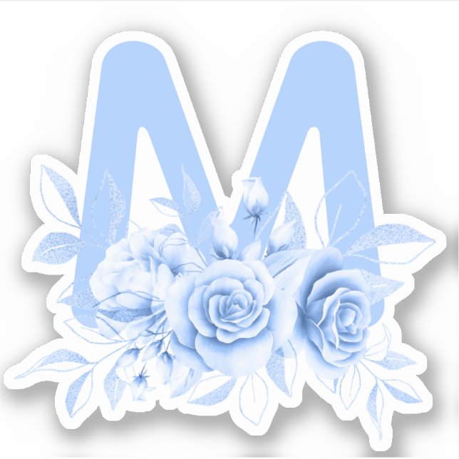 Blue Floral Watercolor Monogram Sticker (Front)
