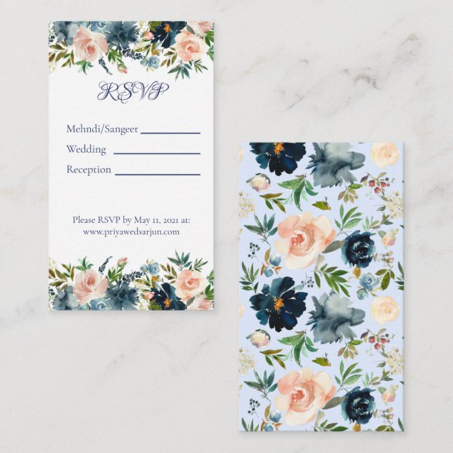 Blue Floral Watercolor Multi Event Details Card (Front/Back)