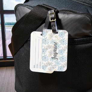 Blue Floral Watercolor Pattern Custom Monogram Luggage Tag