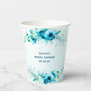Blue Floral Watercolor Personalised Bridal Shower Paper Cups