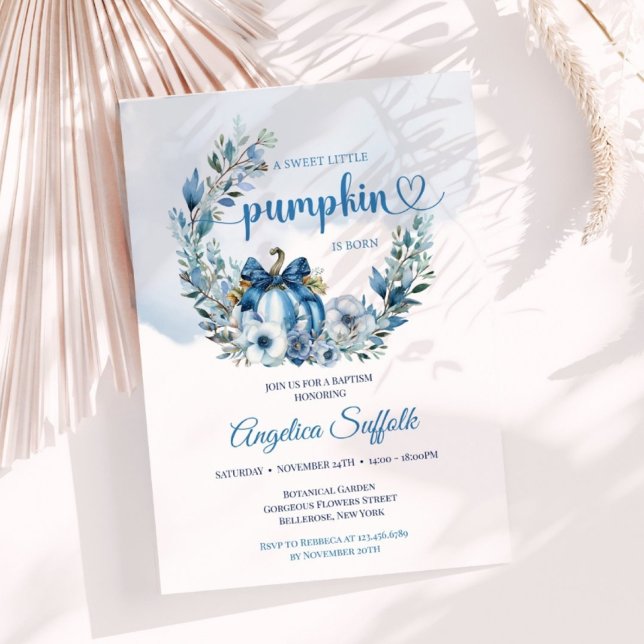 Blue Floral Watercolor Pumpkin Baptism Invitation (Creator Uploaded)
