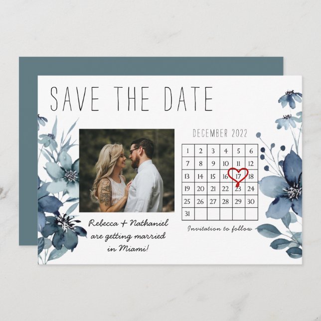 Blue Floral Watercolor Save the Date Calendar Announcement (Front/Back)