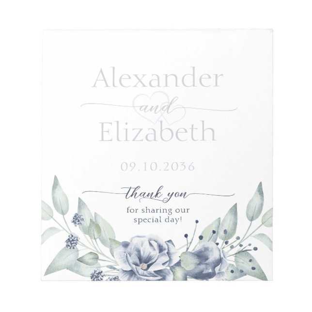 Blue Floral Watercolor Script Wedding Favor Notepad (Front)